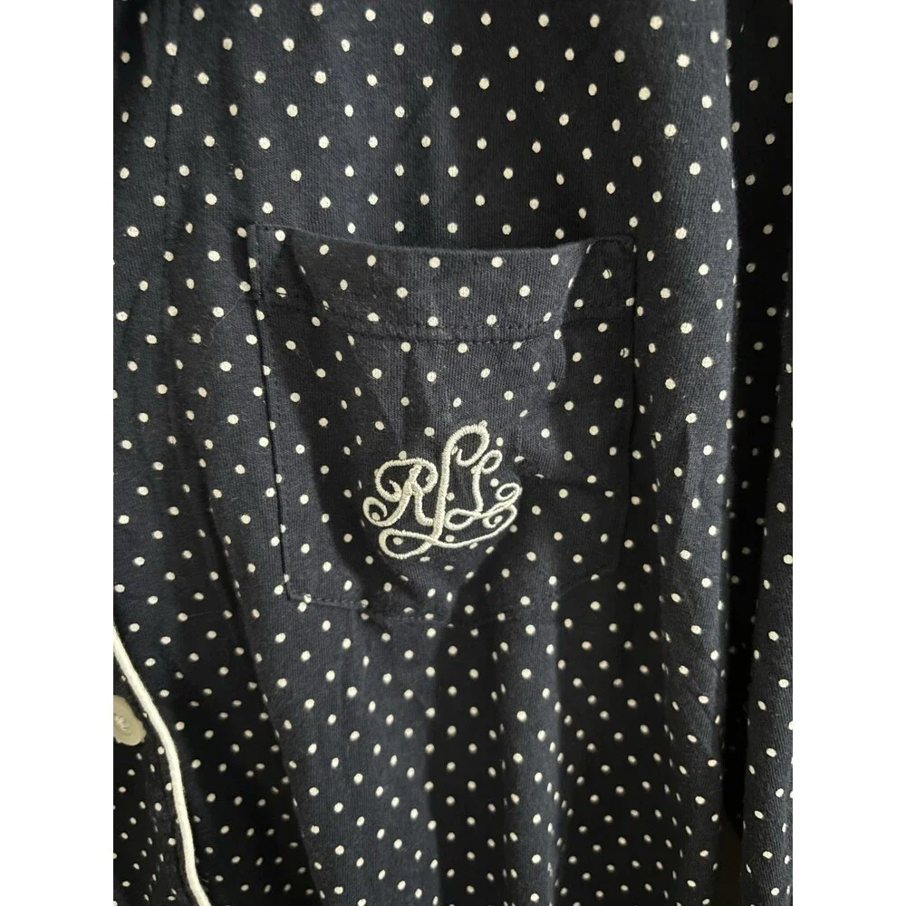 Lauren Ralph Lauren Navy Polka Dot Button Front Pajama Top Collared 3/4 Sleeve M